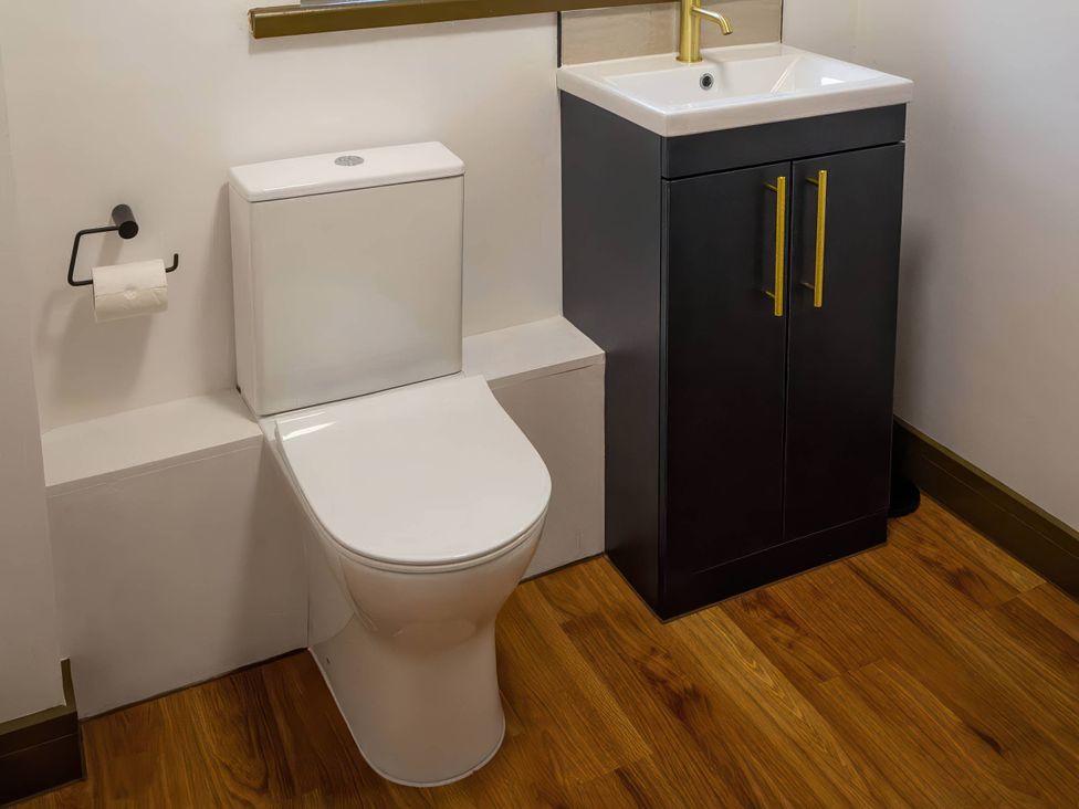 A bathroom with a toilet and a sink at Aspen Apartment in Llanrwst