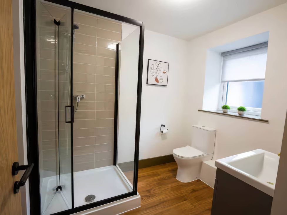 A bathroom with a shower, sink, and toilet at Oakwood Apartment in Llanrwst
