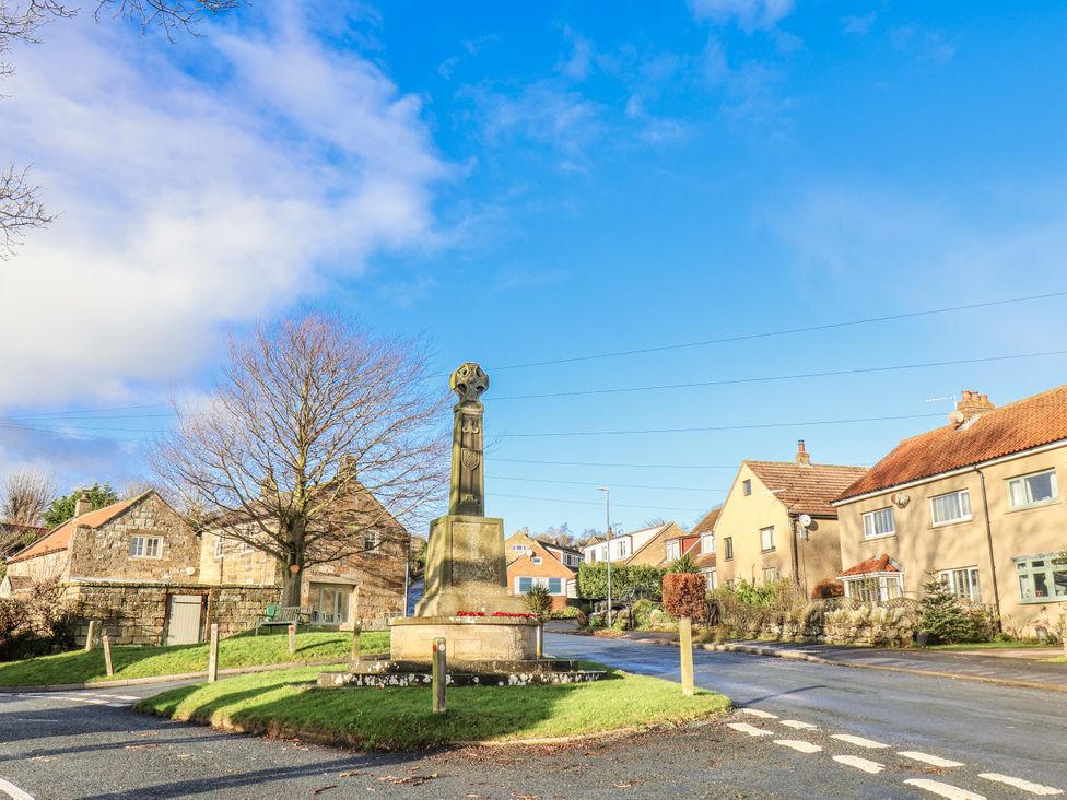 A view of a monument surrounded by houses at Chestnut Barn Aislaby near Whitby