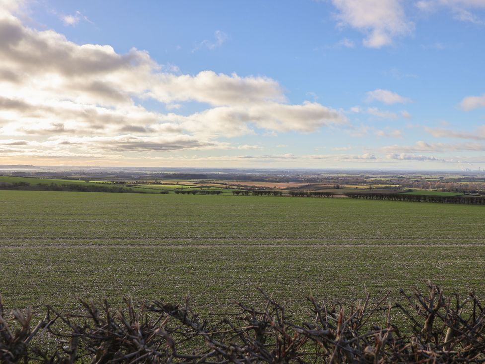 A view of a field with a hedge and cloudy sky at Daffodil Cottage in York