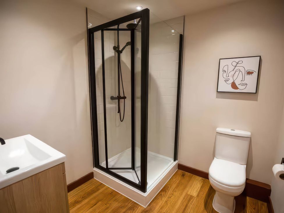 A bathroom with a shower and toilet at Mountain View Cottage in Llanrwst