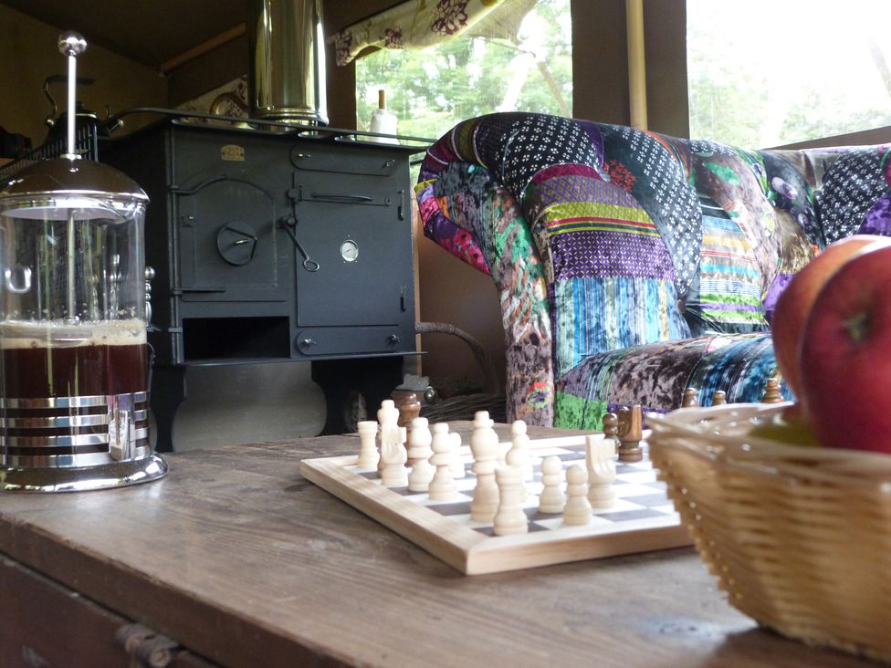 A sitting room with a chess board and a stove at Aeron in Newcastle Emlyn