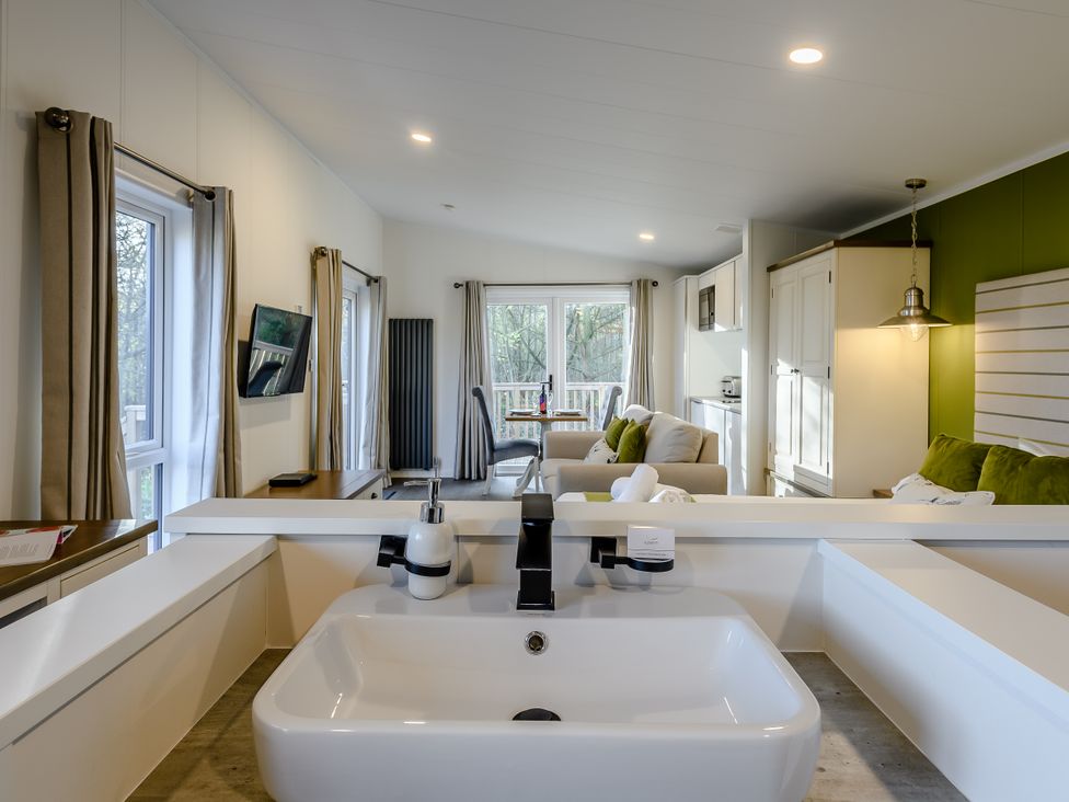 A living room with a sink and television at Somersby Spa (Pet) in Louth