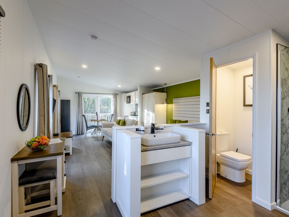 An open plan living room and kitchen with a sink and toilet at Somersby Spa (Pet) in Louth