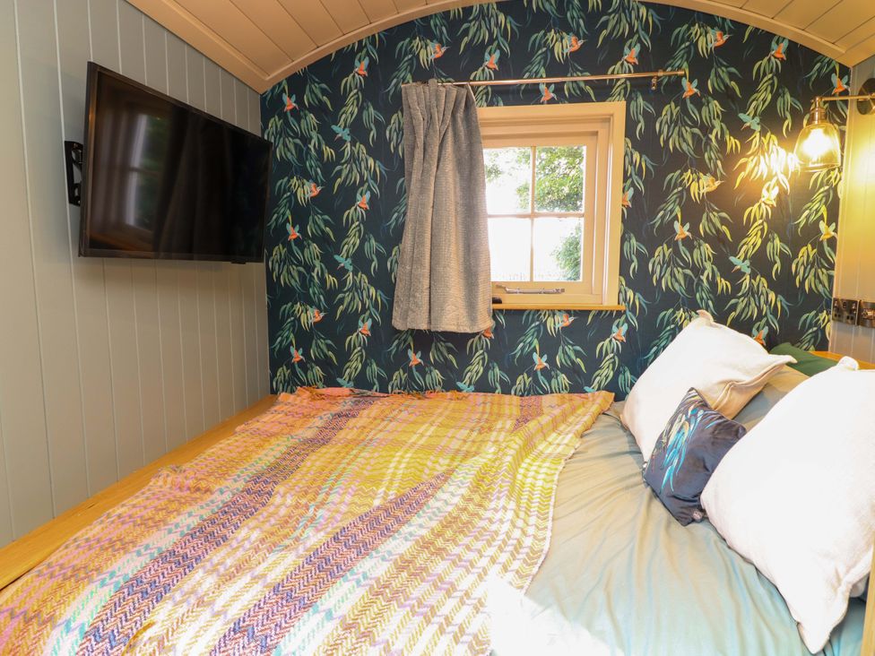 A bedroom with a bed and television at Kingfisher Hut