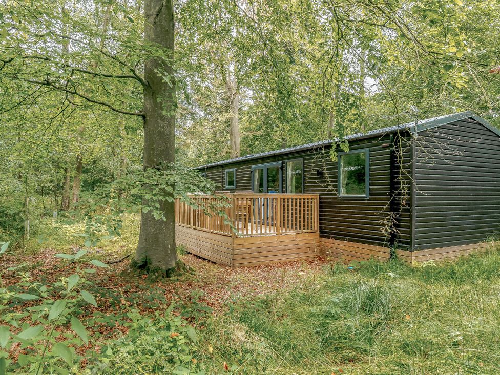 A cabin with decking in a forest at Horncastle Spa in Louth