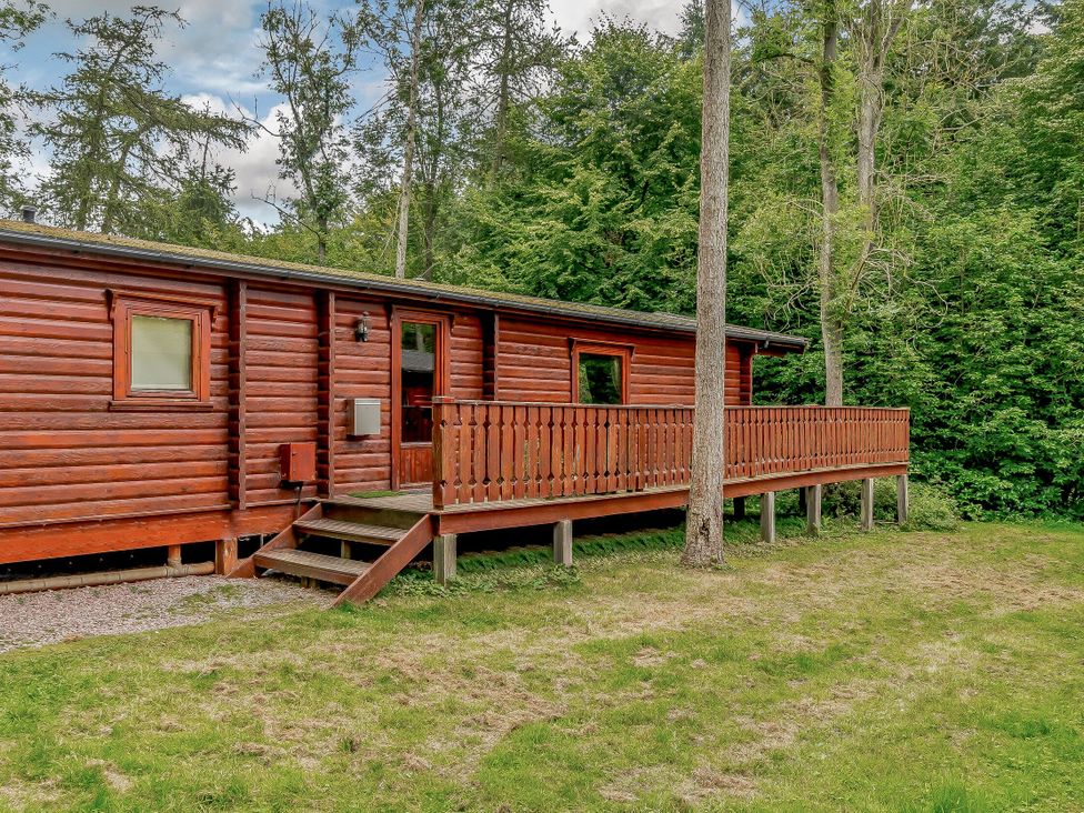 A log cabin with a deck and steps in a forested area at Cedar Lodge (Pet) Louth