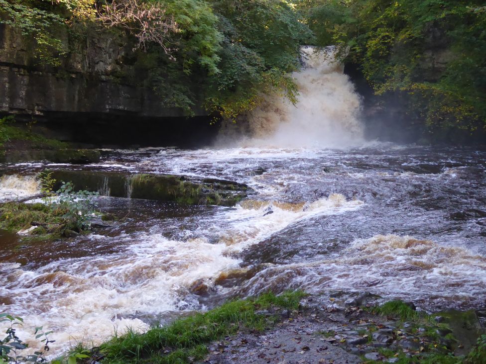 A waterfall flowing into a river surrounded by rocks and trees at Ivy Cottage in West Burton