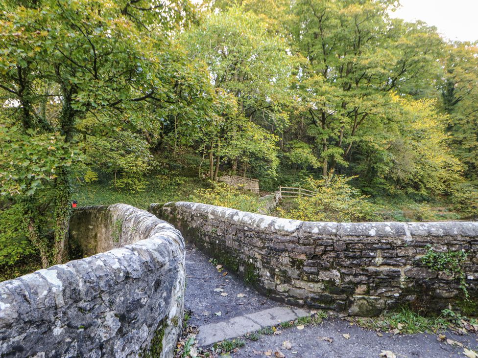A stone wall and path surrounded by trees at Ivy Cottage in West Burton
