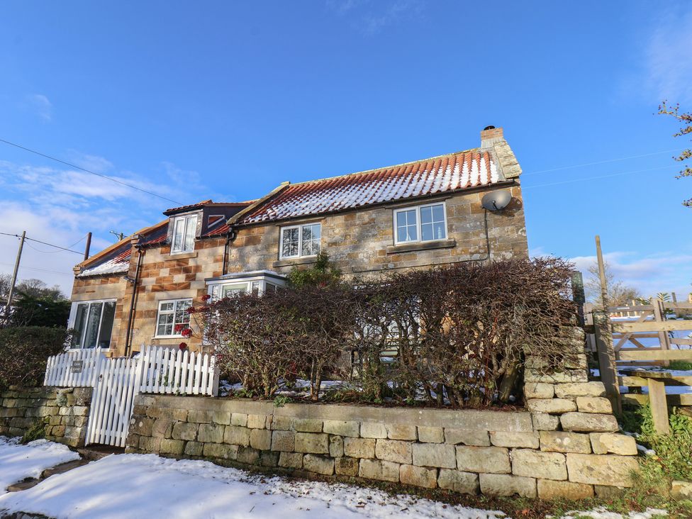 A house with a hedge in front and snow on the ground at Cheyne Cottage in Fylingthorpe