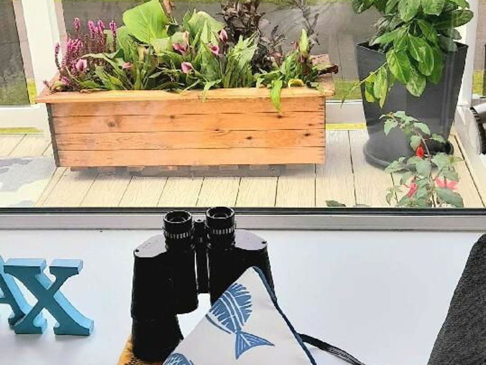 A cozy indoor space with binoculars and a planter at Seton Sands Caravan Park - Holiday Accommodation 13391 Cockenzie And Port Seton