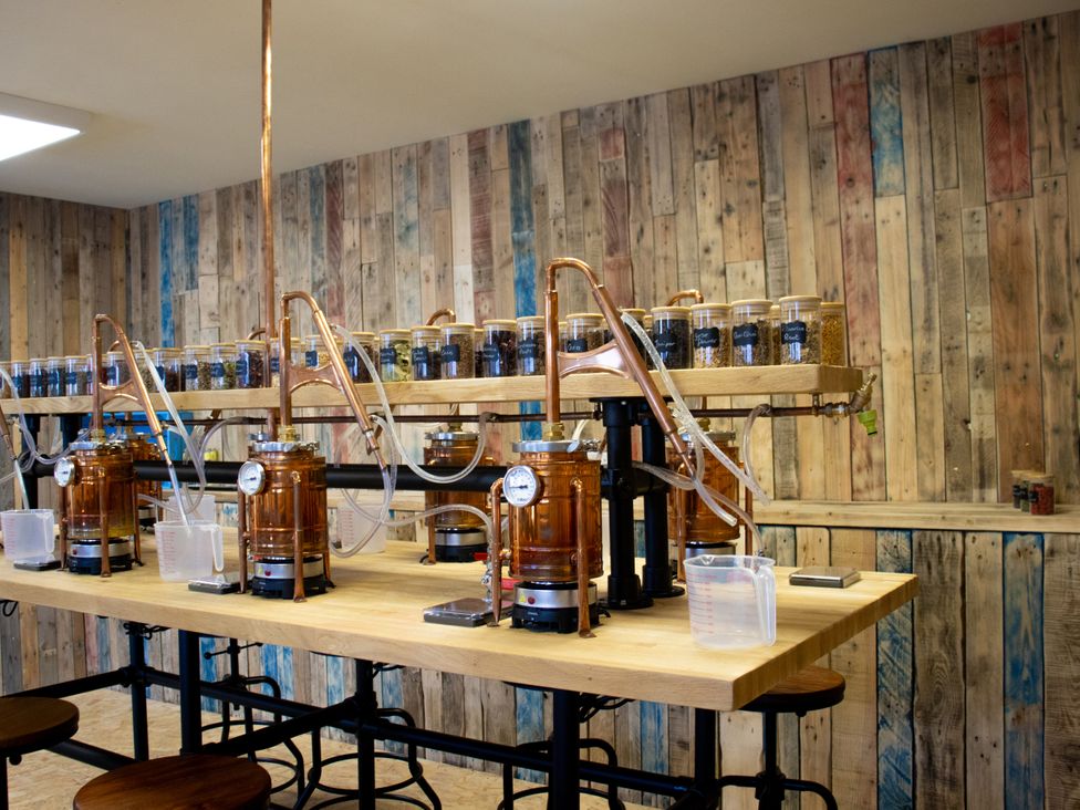 A brewing setup with distillation apparatus and jars at Adelaide in Portreath