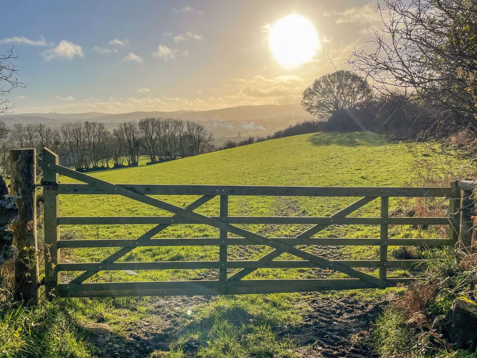 A gate leading to a field with trees and sunlight at Clifford Lodge Barn