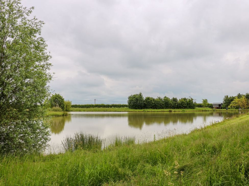 A pond surrounded by grass and trees at Barn Owl in Louth