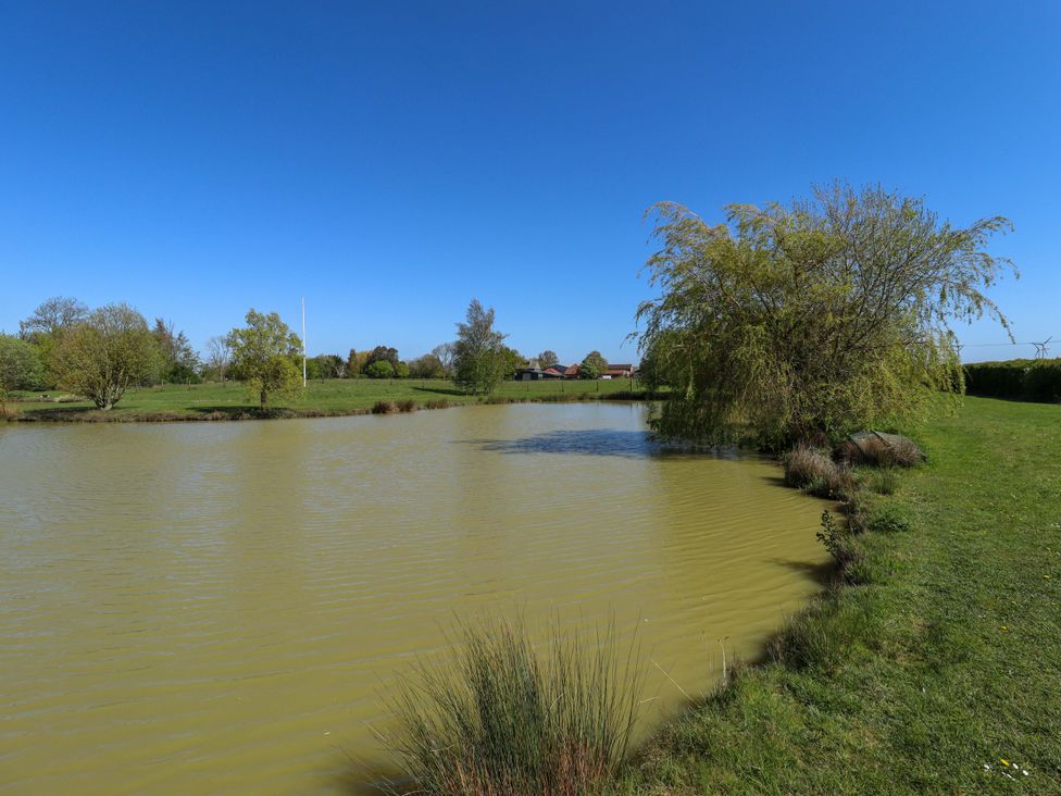 A pond surrounded by grass and trees at Barn Owl near Louth