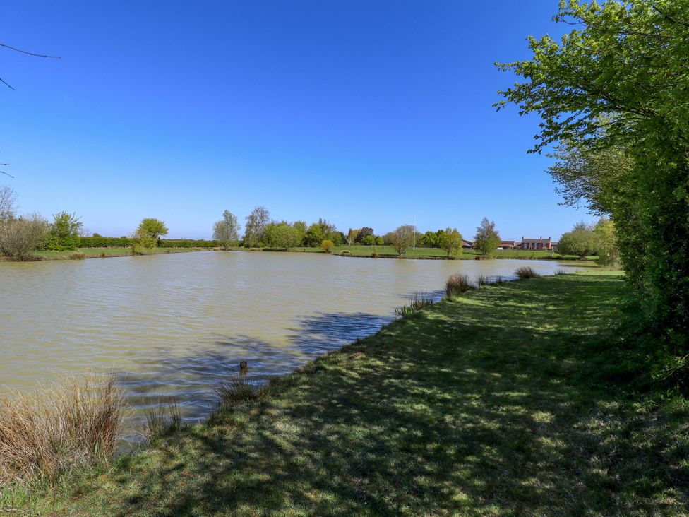 A view of a pond with grass and trees at Kingfisher Near Louth