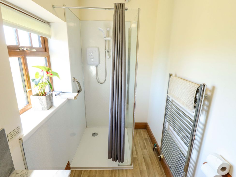 A bathroom with a shower, towel rail, and plant at Ticklepenny in Louth