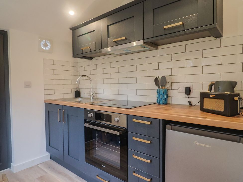 A kitchen with cabinets, sink, cooktop, oven, and refrigerator at Little Poppes Lawn, Holditch near Hawkchurch
