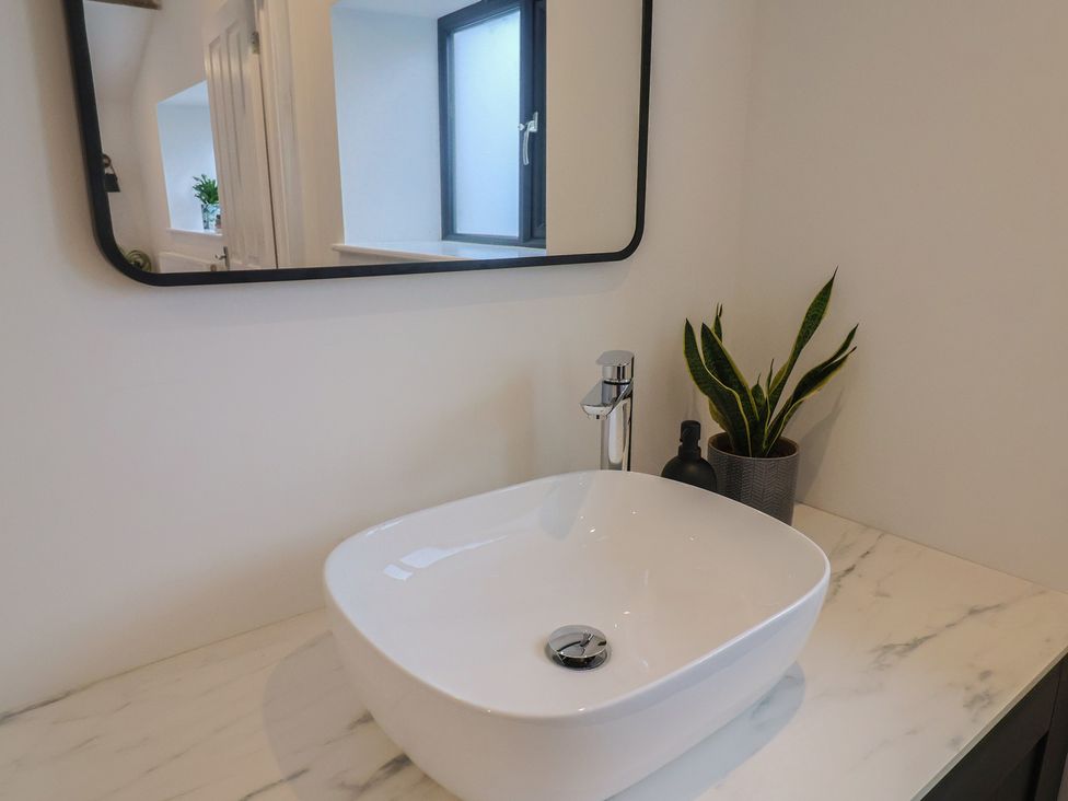 A sink and mirror in a bathroom at Little Poppes Lawn in Holditch near Hawkchurch