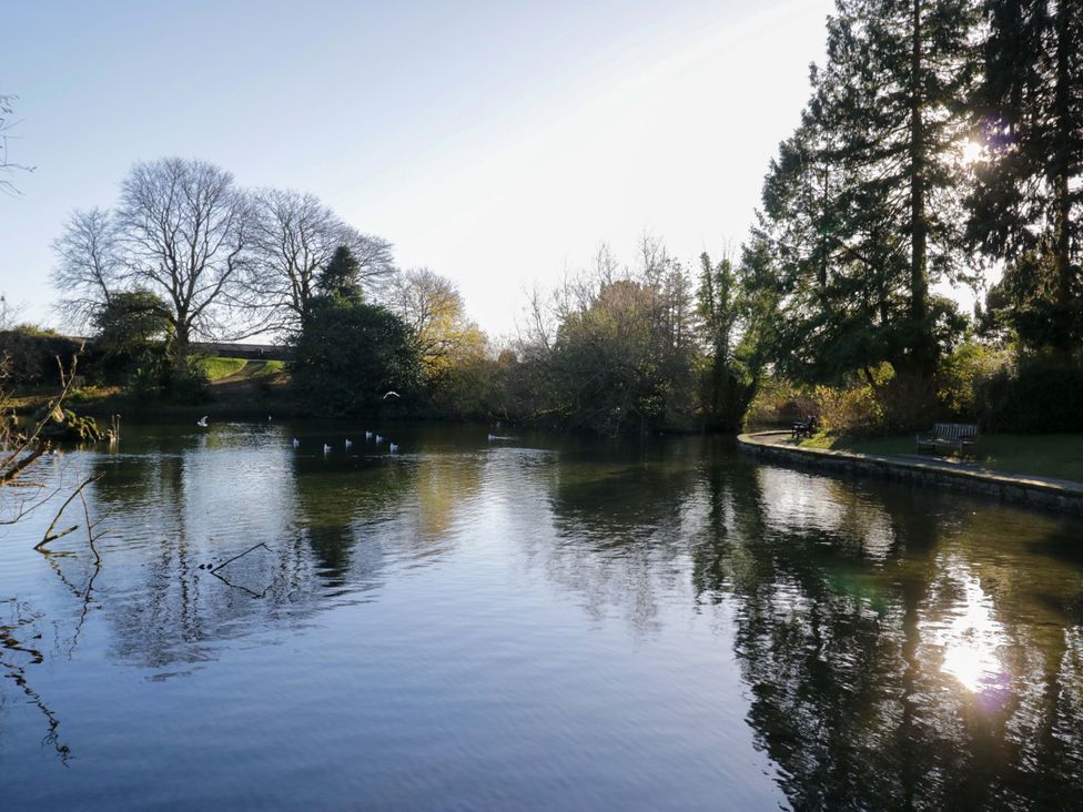 A pond with trees and benches at 27 Oversands View