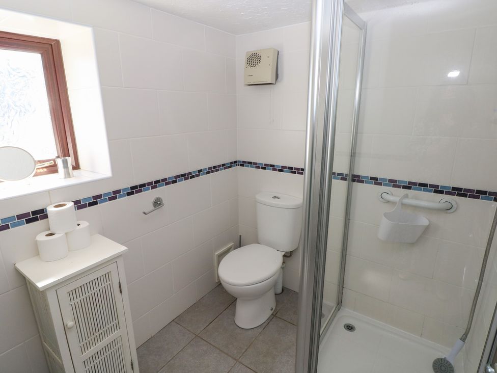 A bathroom with a shower and toilet at Butterslade in Port Eynon