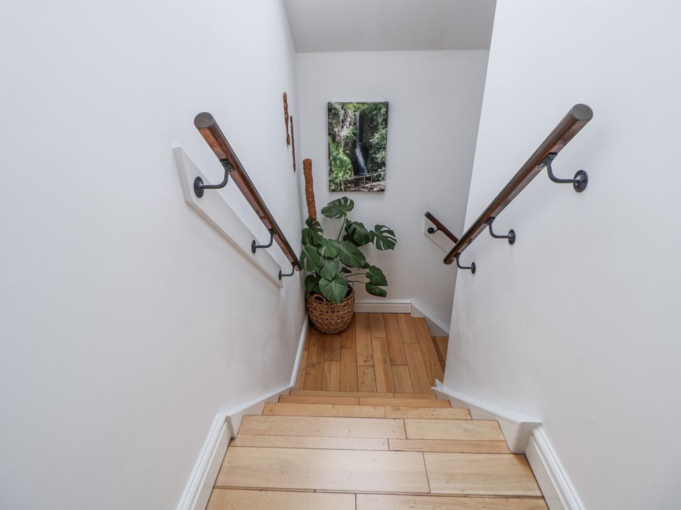 A staircase with wooden steps and a plant at The Stables in Prestatyn
