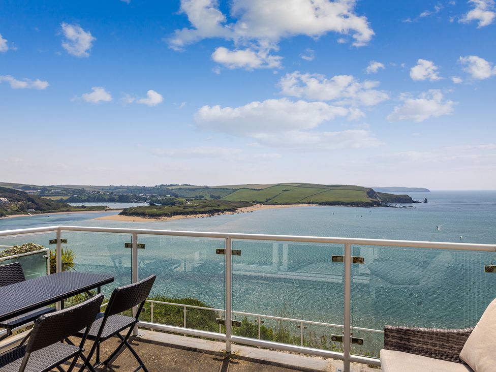 A view of the sea and landscape from a balcony at 6 Avon Quillet in Bigbury-On-Sea