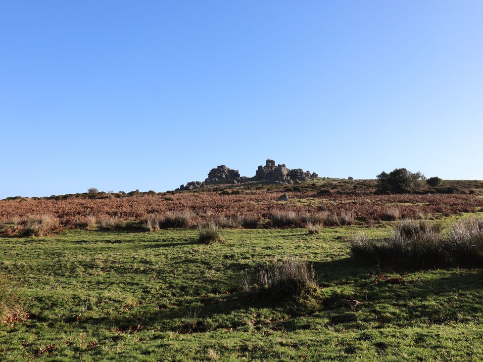 A landscape with rocks and grassland at Swallows Nest near Widecombe-in-the-Moor