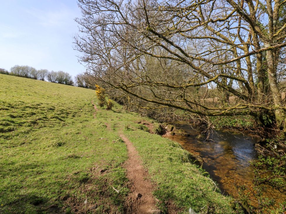 A path alongside a stream with trees and a hill at Swallows Nest Widecombe-in-the-Moor near Postbridge