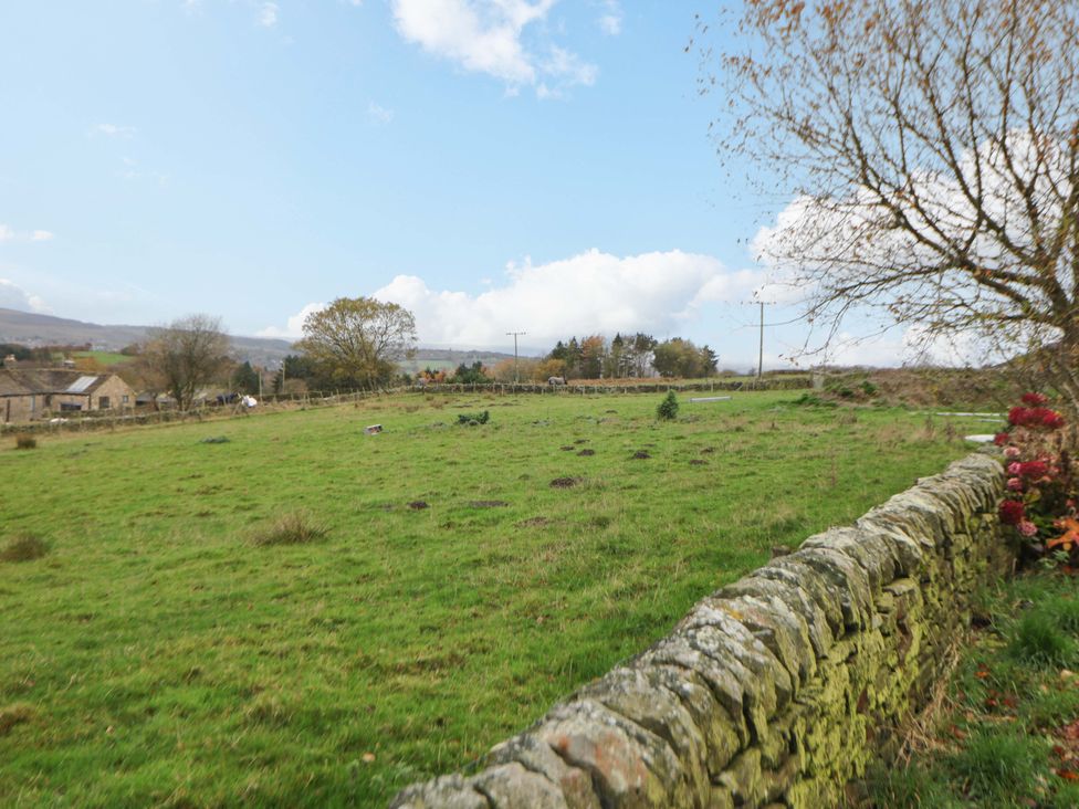 A field with a stone wall and trees at The Farmhouse in High Peak