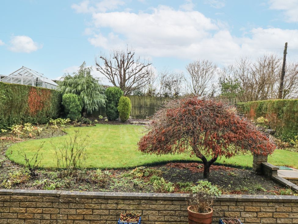 A garden with a tree and greenhouse at Cairndhu in Bossiney