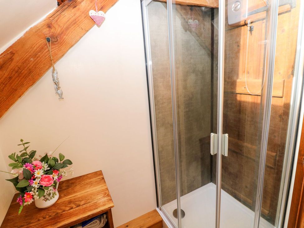 A bathroom with a shower enclosure and a wooden shelf at 1 Mill Farm Cottages Narberth