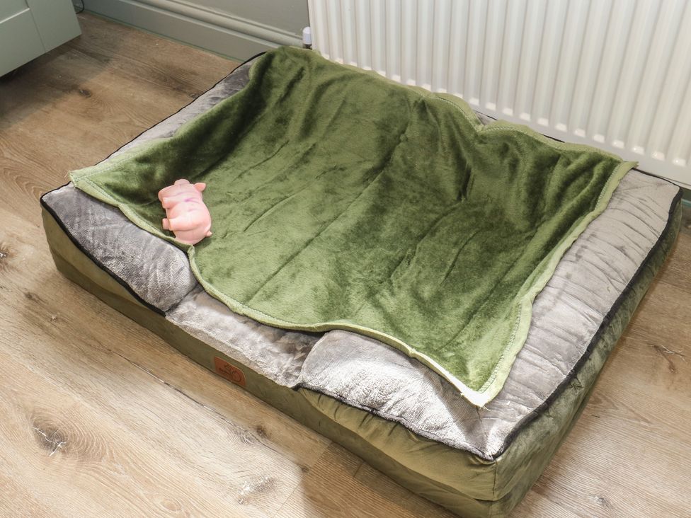 A dog bed with a blanket and a toy at Underview in Jackson Bridge