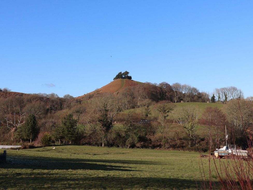 A hill with trees and a boat in a field at Rope Cottage in Bridport
