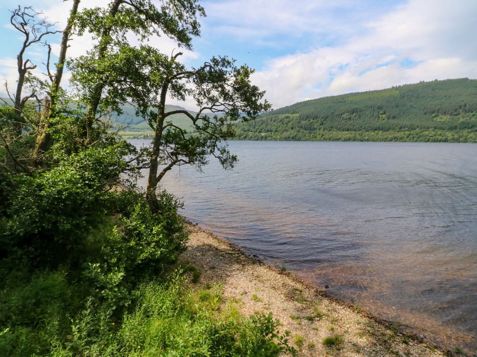 A view of a lake with trees and mountains at Osprey Boathouse in Killin