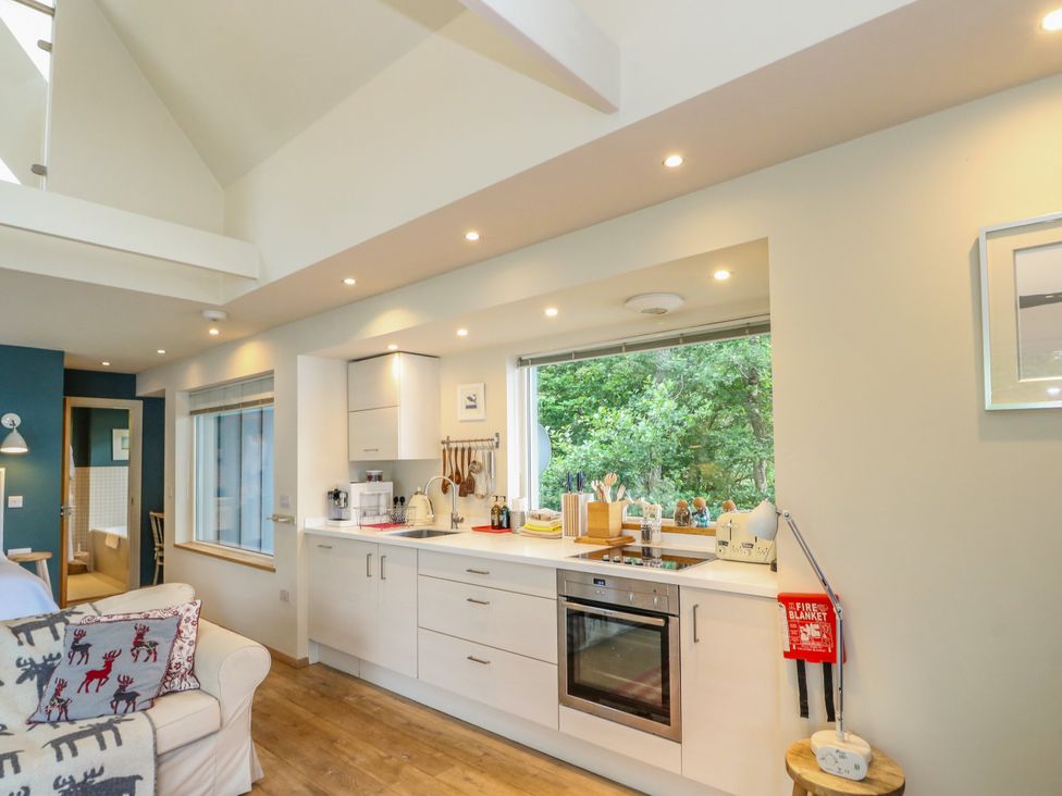 A kitchen with appliances and a window at Dipper Boathouse in Killin