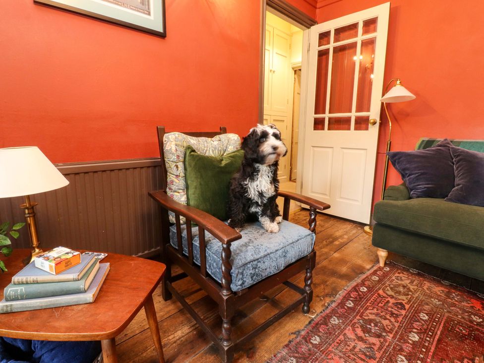 A living room with a dog on an armchair at Devonshire House in Settle