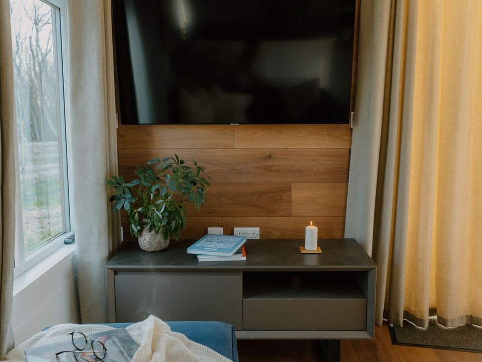 A living room with a television and a plant on a cabinet at The Elton in Kings Cliffe