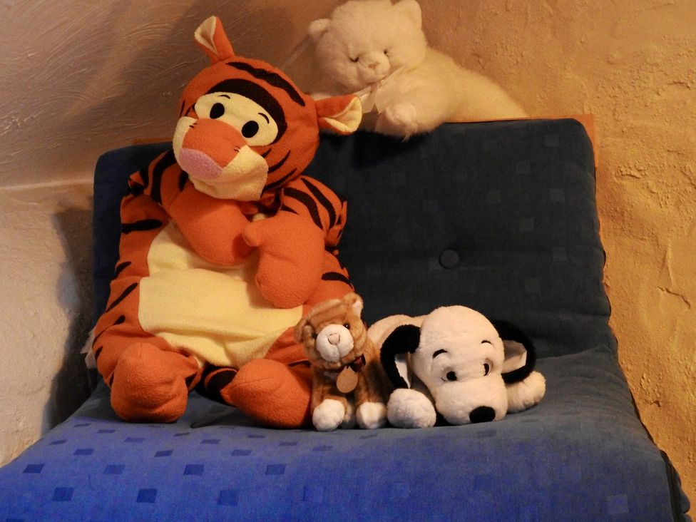 A collection of stuffed animals on a blue sofa at Ramsgrove in Swansea