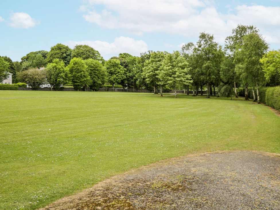 A grassy area with trees and a pathway at Glenview Log Cabin Ballycastle