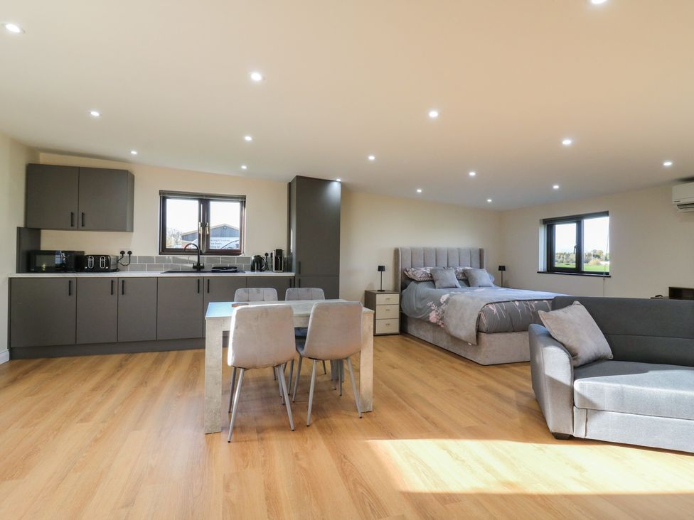A studio with kitchen and living area at Aloe Lodge in Diss
