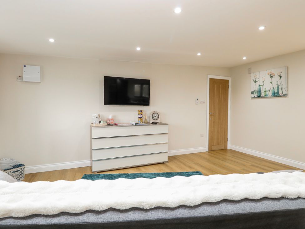 A living room with a television and a door at Aloe Lodge in Banham