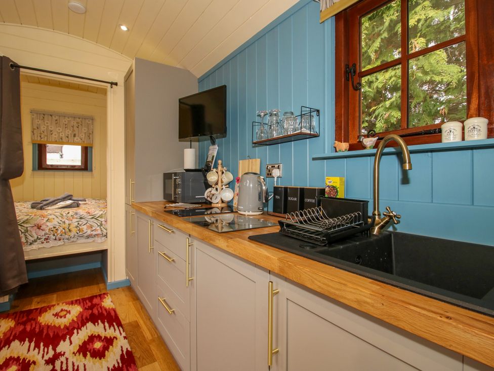 A kitchen with a sink, kettle, and microwave at Woodie in Clee Hill