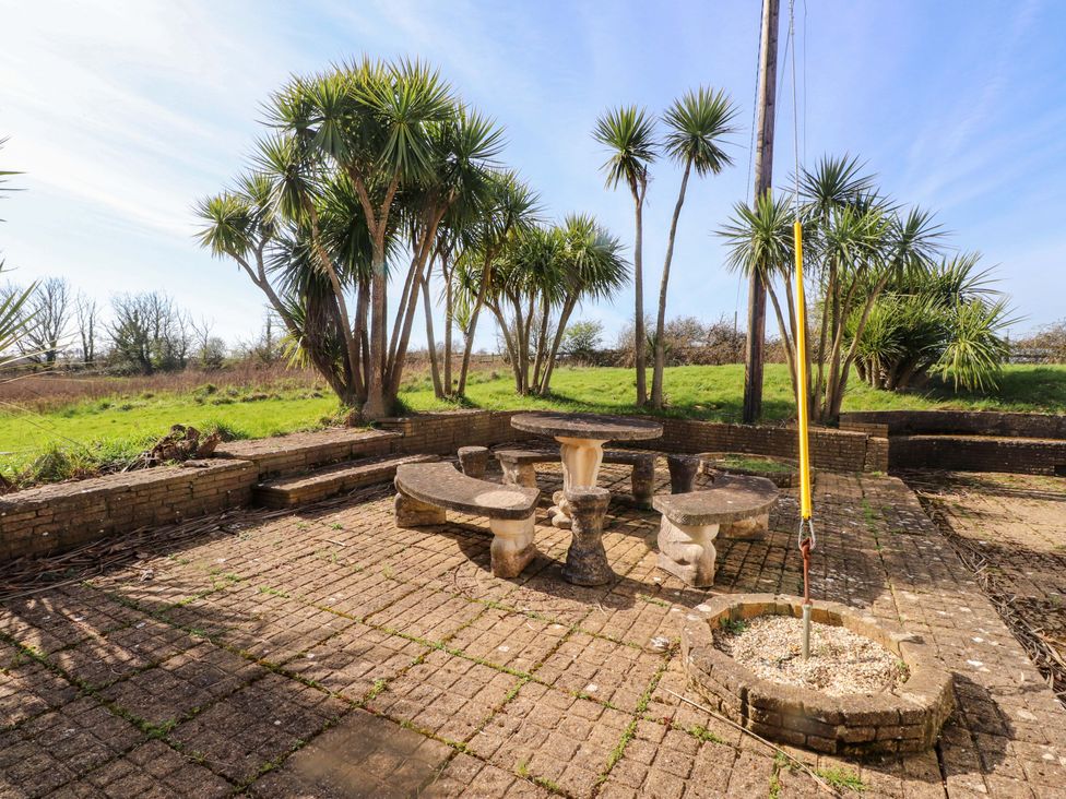 A garden area with a seating arrangement and palm trees at Ty Crigyll in Caergeiliog