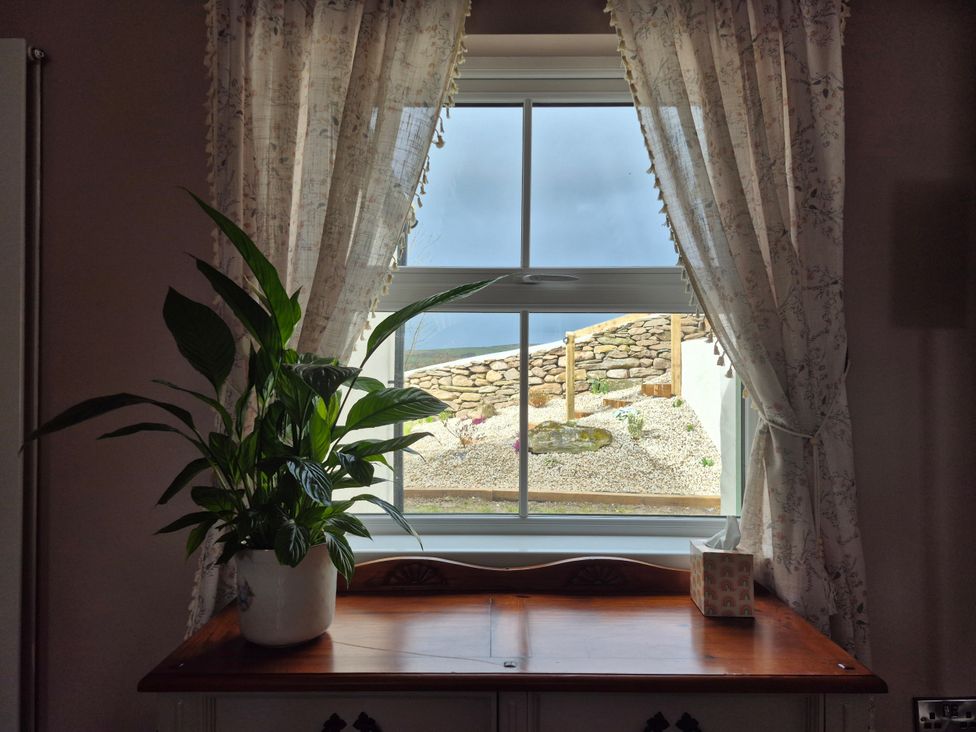 A living room with a window and a plant on a table at Annie’s Farm Cottage Near Londonderry, Northern Ireland