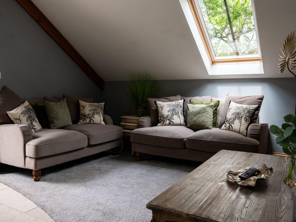 A living room with sofas and a skylight at Ivy Cottage Oldwalls near Reynoldston