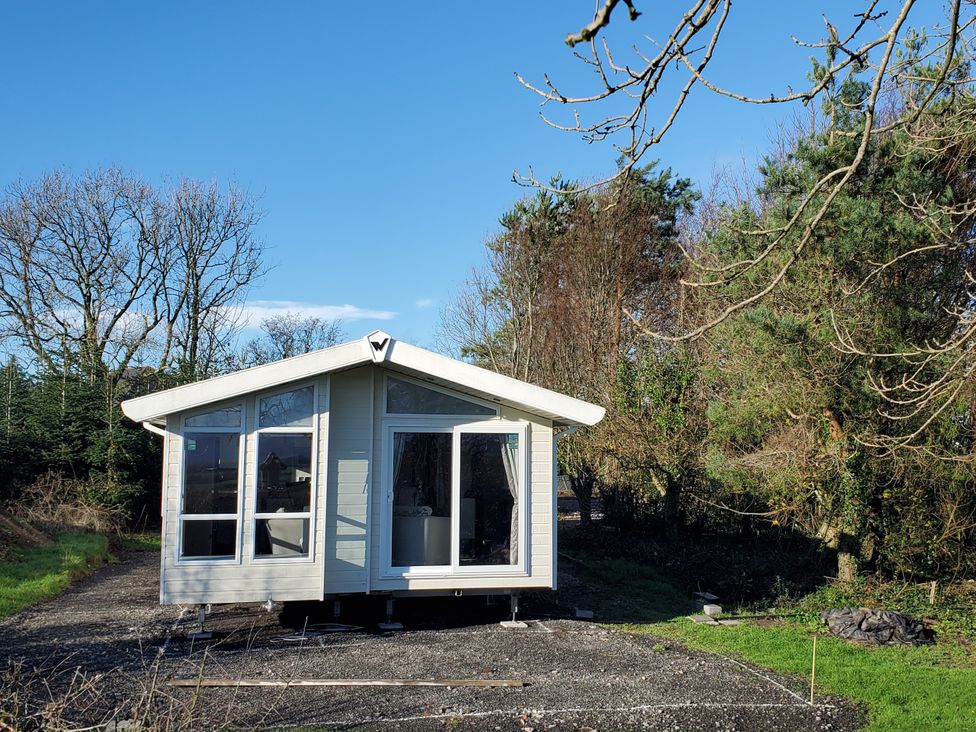 A cabin surrounded by trees at Plas Marchog Lodge in Pentraeth