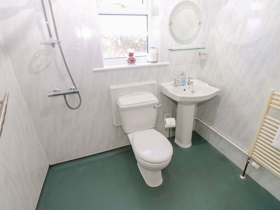 A bathroom with a shower, toilet, and washbasin at Mains Cottage in Consett