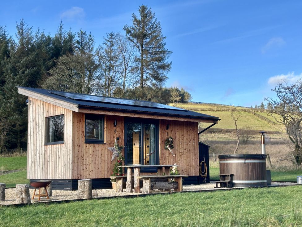 A wooden cabin with a table and hot tub in the outdoor area at Harriet in Llangurig