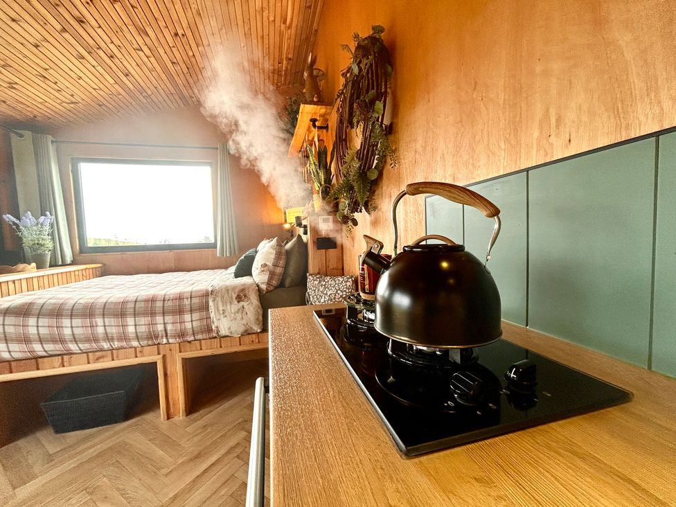 A bedroom with a kettle on a stove at Harriet in Llangurig